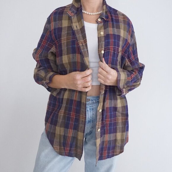 Lauren Ralph Lauren Purple Maroon Plaid Linen Blend Button Up Shirt M - Picture 2 of 12